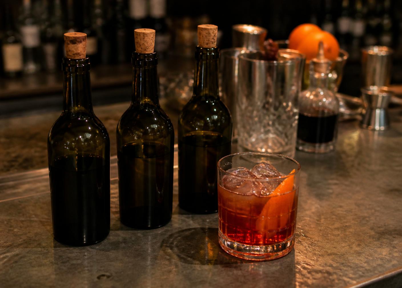 Tre omärkta flaskor på en zinkbardisk intill ett glas med en röd drink och apelsinskal