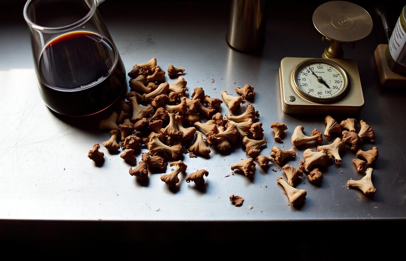 Torkad shiitake utspridd på ett stålbord intill en bägare med mörk vätska och en våg